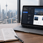 Laptop displaying a web design dashboard beside project pricing notes and coffee, with the Kuala Lumpur skyline in the background.